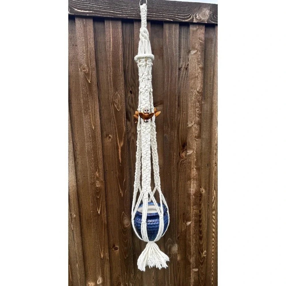 Macrame Cream Plant Hanger Boho 70s Hanging Planter w/ Owl Accents 58